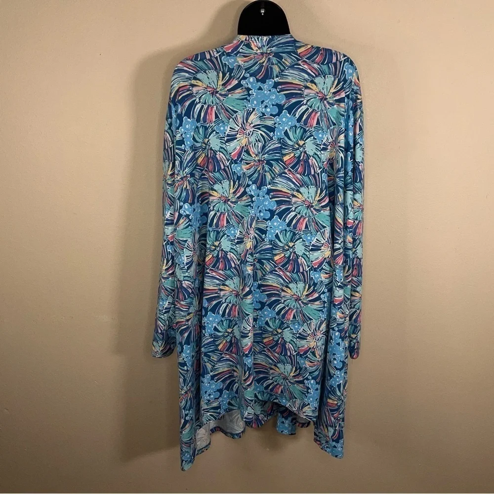 3XL XXXL BLUE ABSTRACT FLORAL SHRUG TOP BLOUSE OPEN FRONT COLORFUL LONG SLEEVE
